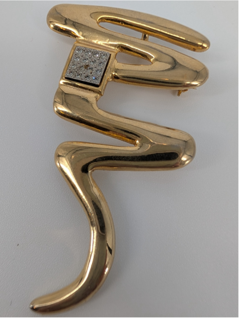 VTG 1980s Park Lane GoldTone Squiggle Brooch Rhinestone Modernist Brooched